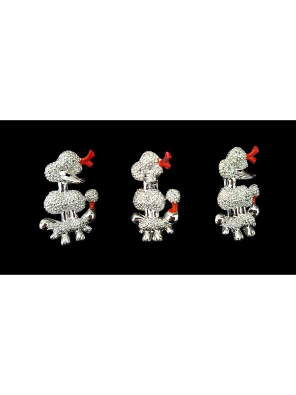 Vintage Silver-Tone Poodle Brooches Lot of 3 Red Bow Accent Costume Jewelry Dog